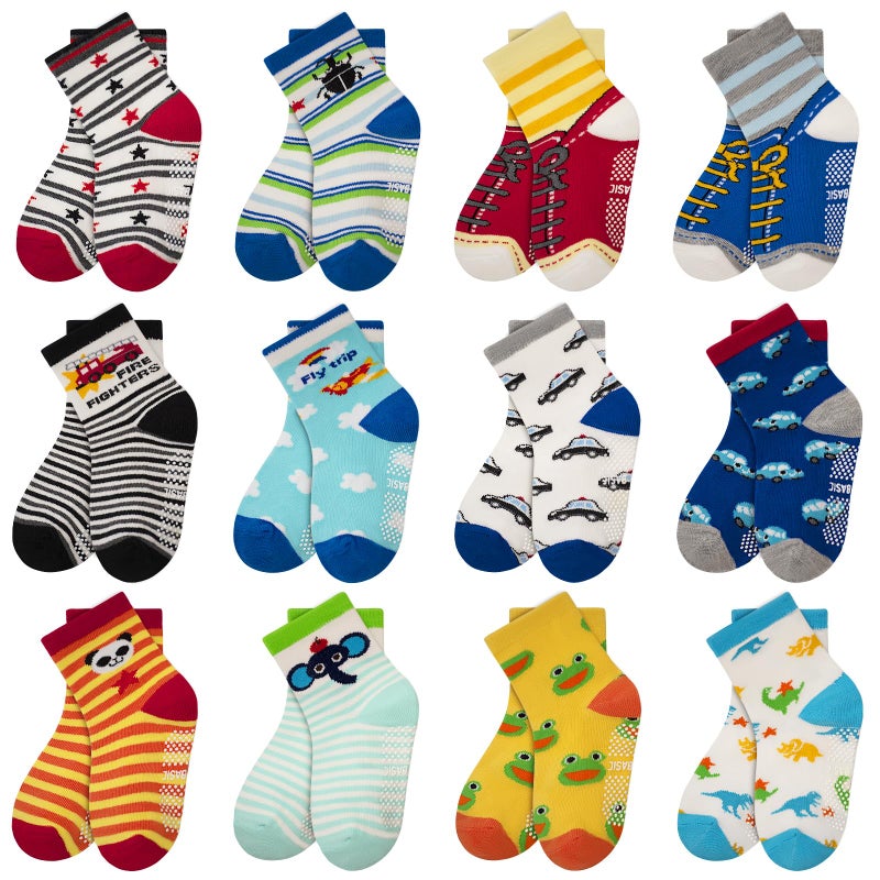 HYCLES Anti Slip Toddler Socks, 12 Pairs Non-Skid Cotton Grip Kid Socks for 3-5T Kids Boy Girl - Image 1